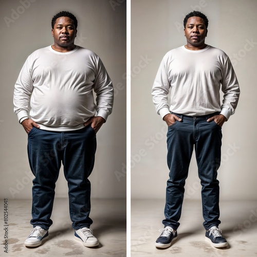 Before-and-after journey of an African man who committed to his fitness goals through dedicated workouts and a balanced diet. A slimmer, healthier physique that reflects his hard work and discipline