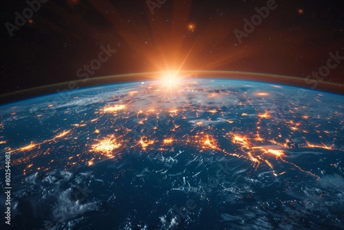 Stunning view of Earths atmosphere with sun shining through clouds from space