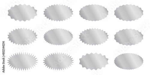 Set of silver oval stickers with wavy and zigzag borders. Shining labels, badges, price tags, coupons with curved and jagged edges isolated on white background. Vector illustration.