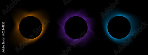 Set of soft blurry round frames. Circle shapes with orange, purple and blue and neon gradient borders isolated on dark background. Abstract design elements with y2k aura effect. Vector illustration.