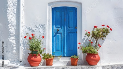 The beautiful blue door of a traditional Greek house in Santorini, surrounded by white walls and red pots. The light is beautiful, with vibrant colors, sharp focus, and stunning details.