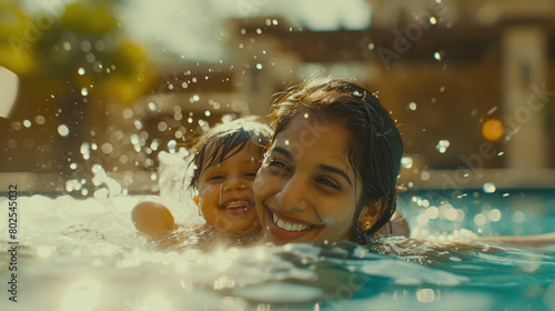 indian mother and her kid in a swimming pool