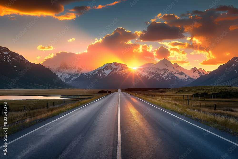 road leading towards sunset behind the hills. High quality photo