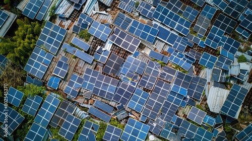 The environmental concept pile of solar cell panels at junkyard