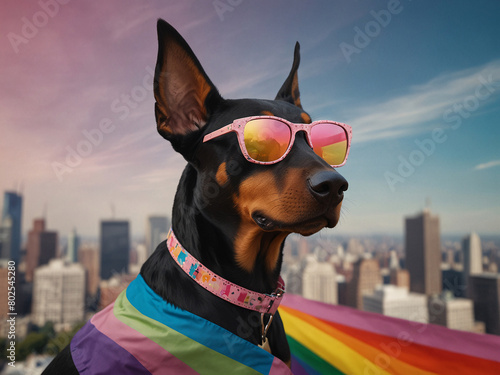  Pride month parade and a Pinscher Doberman dog wearing a fancy pink sunglasses all against a backdrop of the LGBTQ movement rainbow flag and a big city view. photo