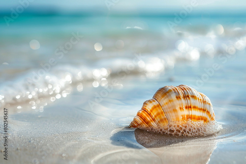 A solitary seashell lying on a transparent sandy beach. © Nature Lover