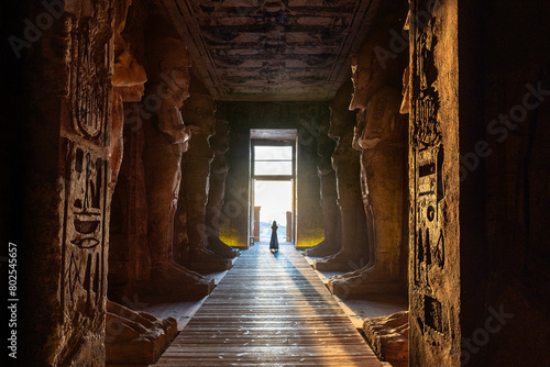 Sunrise in the long gallery of the temple of Abu Simbel, Egypt