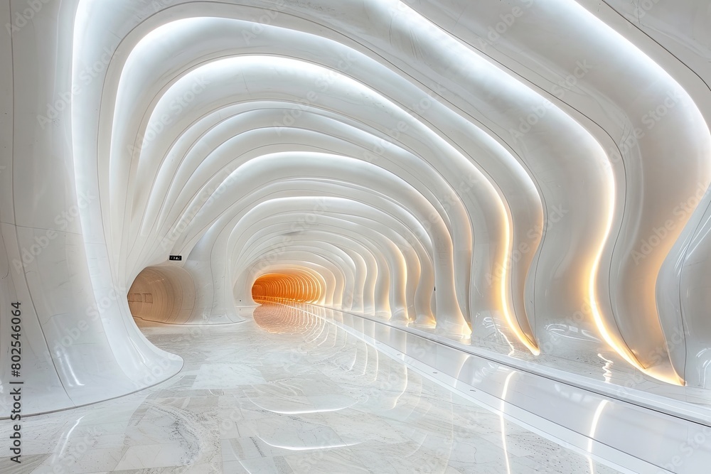 Obraz premium Sleek Aerodynamic Hyperloop Station: Luminous Pathways and Curvaceous Architecture