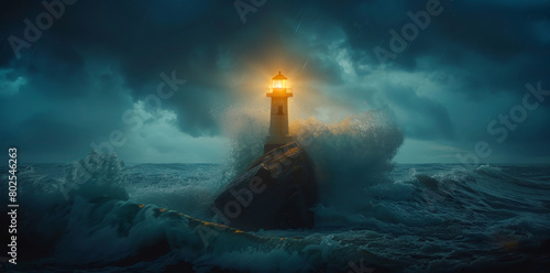 Lighthouse on the rock in a stormy sea, with big waves crashing around it against the night sky. The light inside is shining a bright yellow, in the style of hyper realistic photography