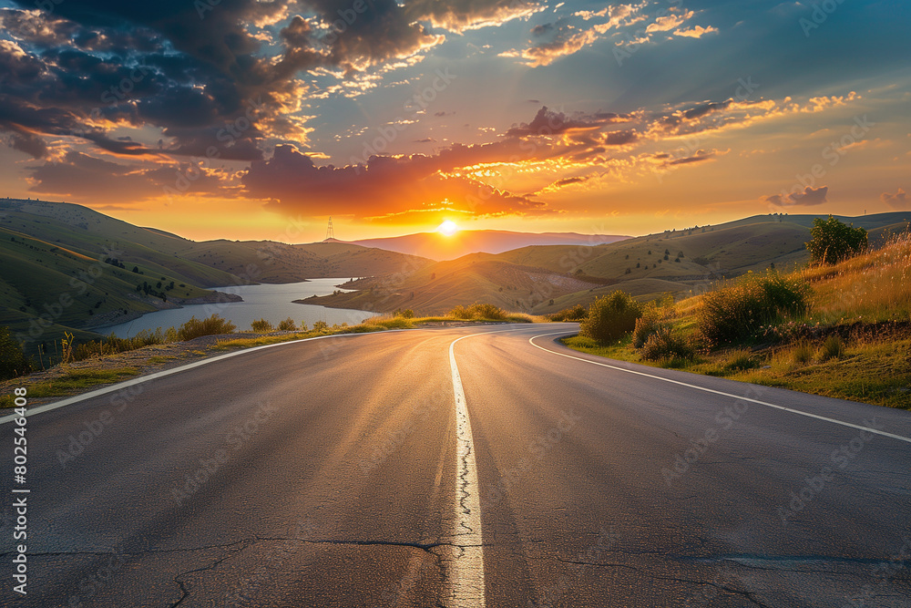 road leading towards sunset behind the hills. High quality photo