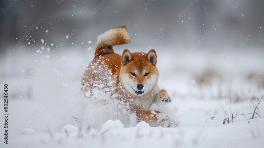 The Shiba Inu Japanese dog plays in the snow in winter.