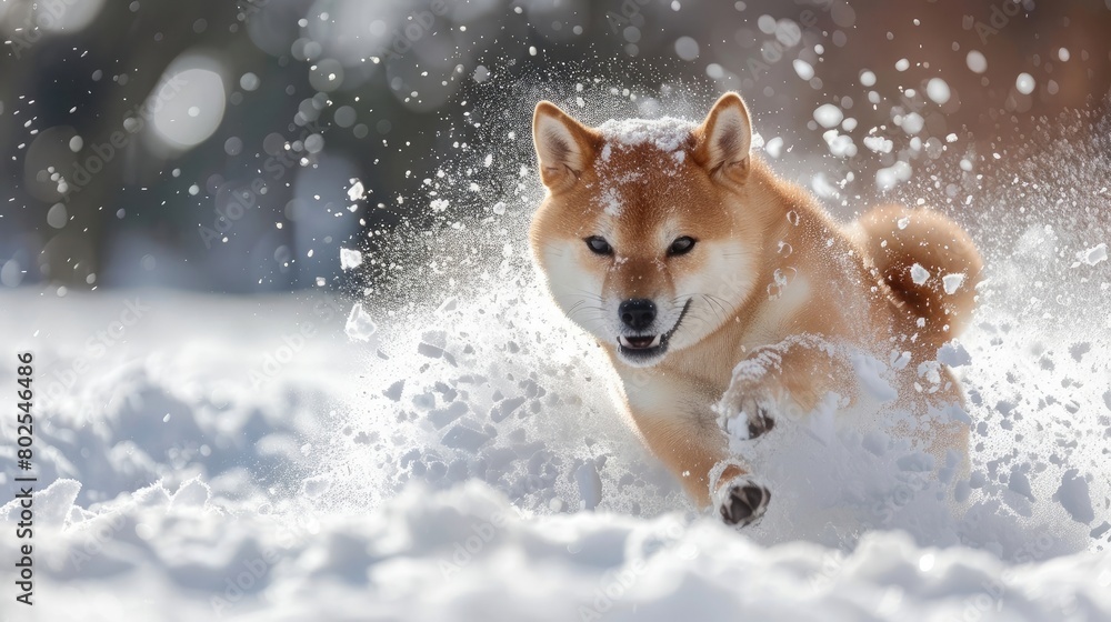 The Shiba Inu Japanese dog plays in the snow in winter. The Shiba Inu Japanese dog plays in the snow in winter.