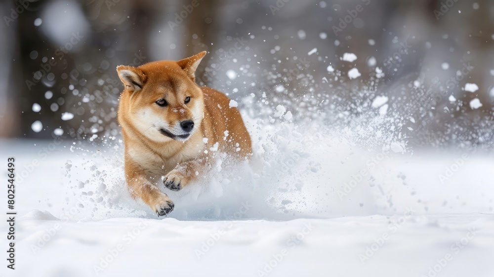 The Shiba Inu Japanese dog plays in the snow in winter. The Shiba Inu Japanese dog plays in the snow in winter.