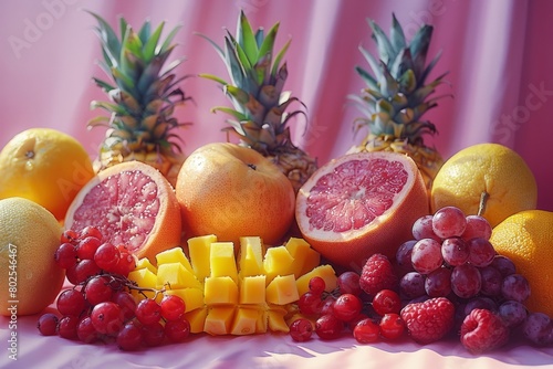 a variety of fruits including pineapples   grapes   raspberries and melons are on a table