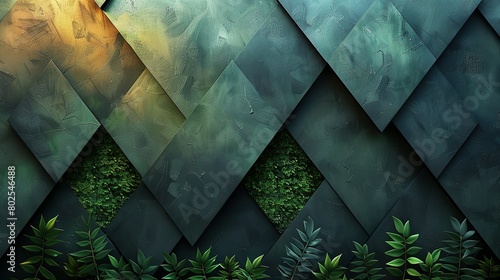 Dark green and black diamond-shaped tiles with mossy textures and jungle foliage in the style of nature photo