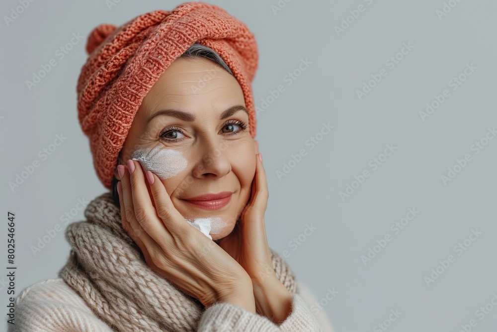 Obraz premium Photo of happy adorable old woman which applies face cream