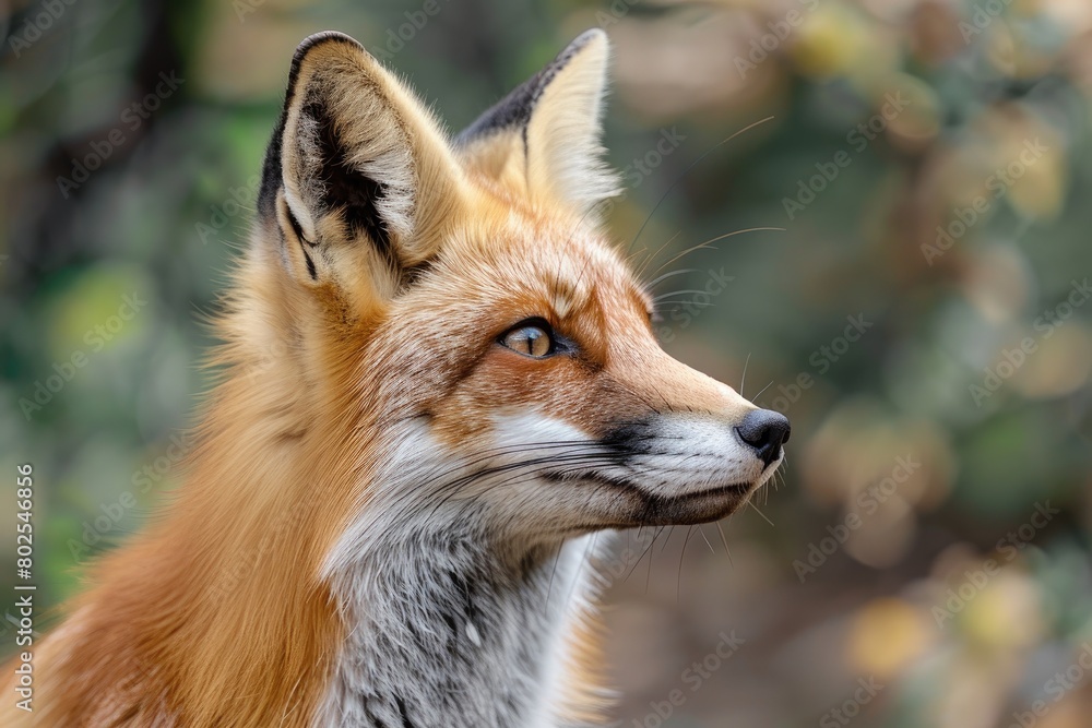A fox is looking at the camera with its eyes wide open. The fox is brown and white in color