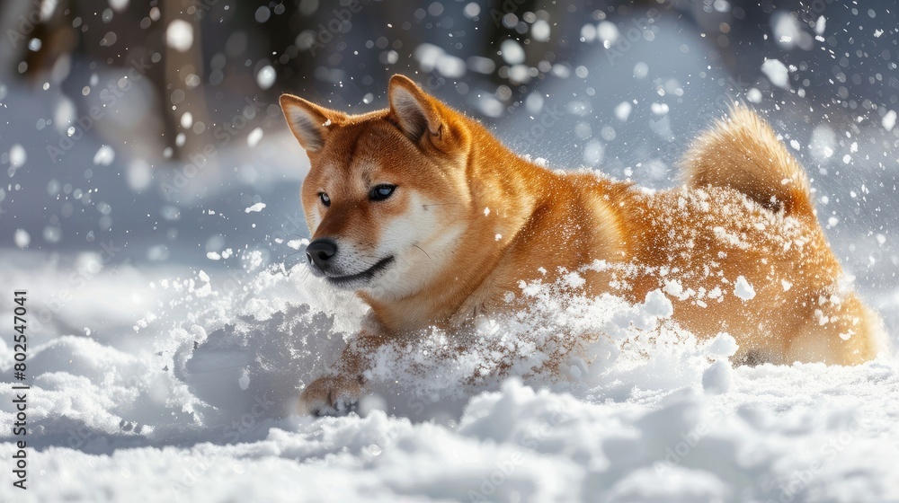 The Shiba Inu Japanese dog plays in the snow in winter.