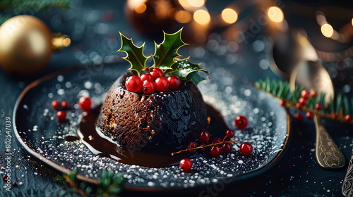 Christmas pudding with brandy sauce, garnished with holly leaves and berries.