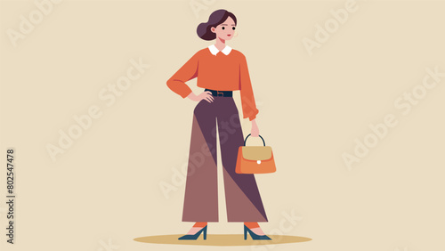 An elegant and sophisticated outfit featuring a thrifted silk blouse wideleg pants and a quilted chain crossbody bag.. Vector illustration