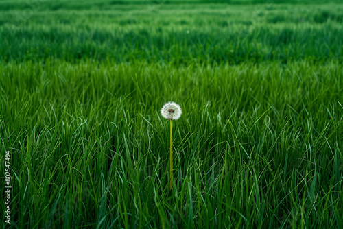 A solitary dandelion in a field of green grass.