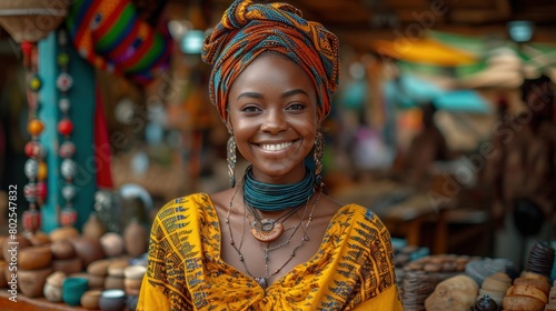 Radiant African Market Seller in Colorful Traditional Wear Smiling at Camera