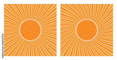 Yellow-orange backgrounds with sun rays. Two suns in retro style. Vintage vector illustration.