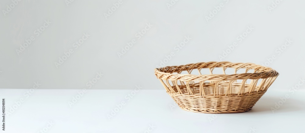 Fototapeta premium Vintage wicker basket shaped like a bowl on a white background with empty space for text.