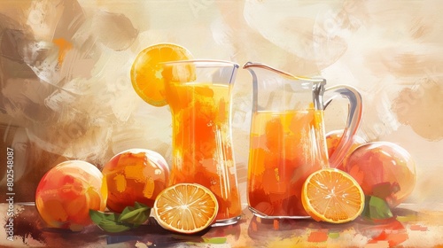 Composition with two glasses of orange juice, fruits and pitcher