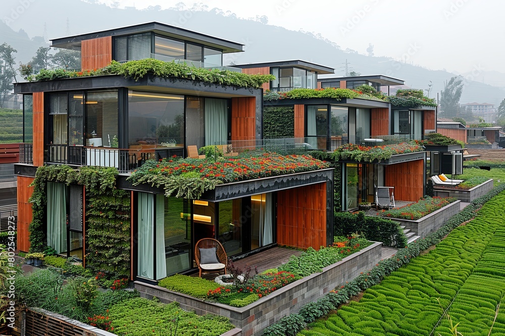 Green-Roofed Residential Oasis: Community Gardens and Balconies Envisioned