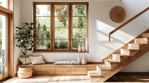 A wooden cabinet near the window and staircase. Scandinavian interior design of modern entrance hall.