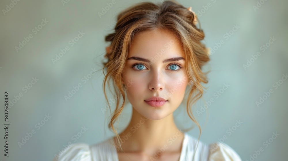 Naklejka premium Elegant Young Woman with Blue Eyes and Soft Curls on a Light Background