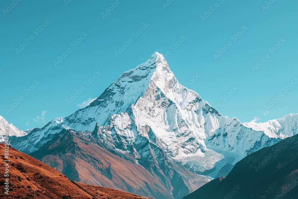 A snow-capped mountain peak against a clear blue sky