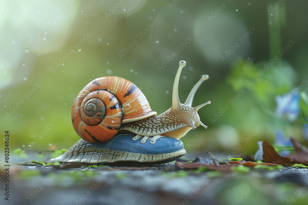 A snail wearing running shoes and participating in a snail race. A snail wearing running shoes and participating in a snail race.