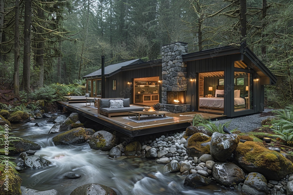 Obraz premium Enchanted Forest Retreat: Cozy Cabins, Babbling Brook, Birds Chirping