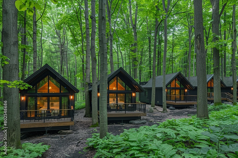 Enchanted Retreat: Cabins Among Towering Trees with Floor-to-Ceiling Windows and Private Balconies Enchanted Retreat: Cabins Among Towering Trees with Floor-to-Ceiling Windows and Private Balconies