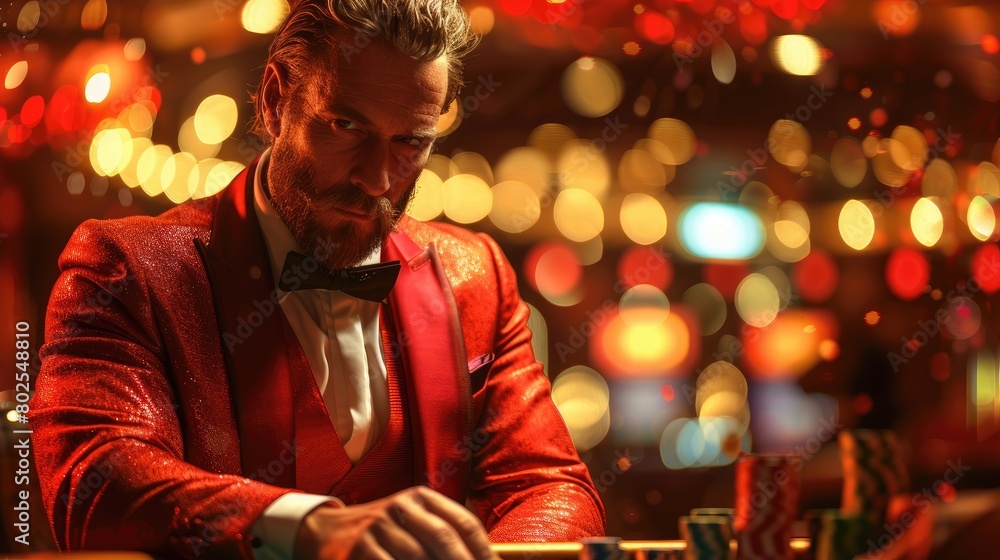 High-roller in a private gaming lounge, In luxurious formal wear Clean and lavish casino-themed studio background High-roller in a private gaming lounge, In luxurious formal wear Clean and lavish casino-themed studio background