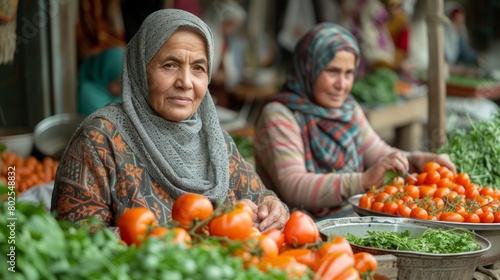 Senior Women in Headscarves Sorting Fresh Tomatoes at a Market for Eid Celebration