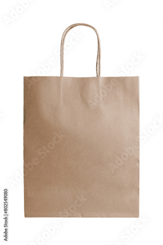 Blank brown craft paper bag packaging isolated on white, transparent background. Eco friendly shopping bag made from recycled paper, ecology, recycling concept. Mockup, template, copy space