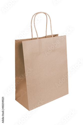 Blank brown craft paper bag packaging isolated on white, transparent background. Eco friendly shopping bag made from recycled paper, ecology, recycling concept. Mockup, template, copy space