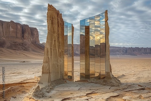 Shimmering Desert Temple: Golden Sunlight Reflections and Mirrored Walls