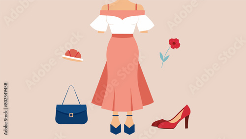 A whimsical offtheshoulder top paired with a midi skirt and chunky platform sandals all thrifted.. Vector illustration