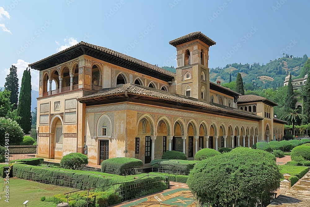 Fototapeta premium Masterpiece of Elegance: Majestic Islamic Palace with Gren Lanterns and Mosaic Gardens