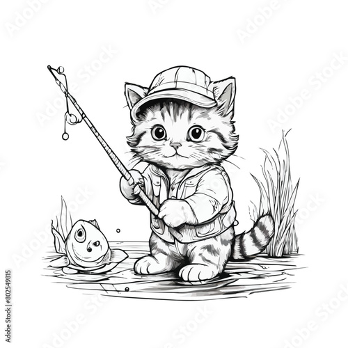 Black and white coloring book page of catfishing with a fishing rod vector design