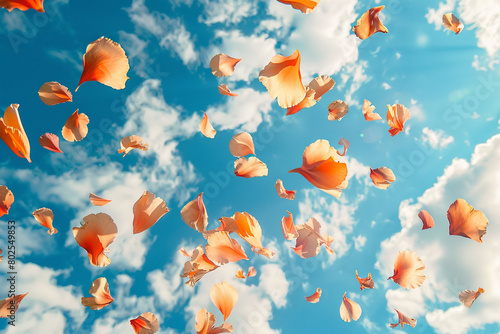 A surreal composition of floating flower petals against a backdrop of wispy clouds in a clear blue sky. © Nature Lover