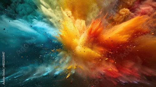 Abstract art featuring an explosive blend of vibrant colors in space, scattering bright particles across a dark background.