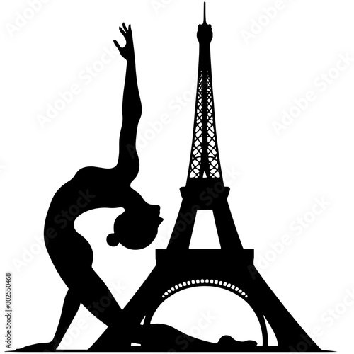 Silhouette of female athlete gymnast with the iconic Eiffel Tower Paris. Sports themes