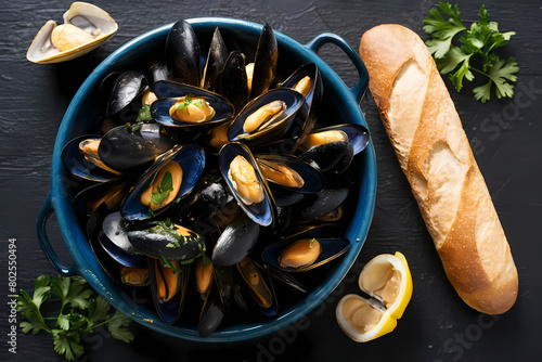 Fresh mussels served with lemon, parsley and baguette. Dark table top. Top view.
