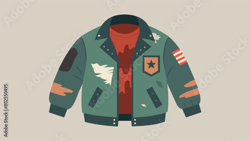 A worn out bomber jacket with faded patches once belonging to a rebellious teenager and now worn by their own child embracing their youthful spirit.. Vector illustration