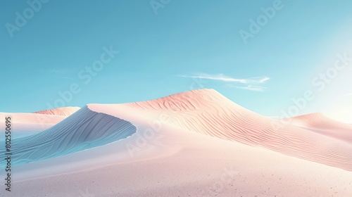 Peaceful scene of smooth desert dunes under a clear sky, painted with soft sunset colors in orange and blue hues.